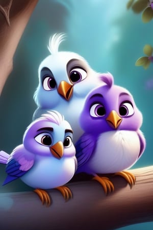 a little fluffy white, purple and lilac coloured family of little birds are sitting on a branch, one has a work in ints mouth ,Colors,disney pixar style,xuer shang dynasty,chibi
