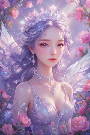 Masterpiece, Professional, Top Quality, High Resolution, High Detail, Perfect Detail,1 cute angel, super cute and beautiful, radiant, all white angel outfit, dancing hair tips, angel wings, angel crown, crystal headwear, crystal necklace, earrings, 8k wallpaper, (masterpiece), (best quality), (ultra fine), dynamic angle, cute anime face and details, (loli, flowers), sparkling, representative (worldwide), super long hair, aperture, oil painting style, touch,((everything purple))