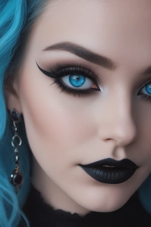 extreme close up of a women, she has bright blue eyes, she has bright blue wavy shoulder length hair, she has light gothic make up, she has earrings and a nose ring, she is perfect and beautiful, she has a cheeky smirk,goth girl