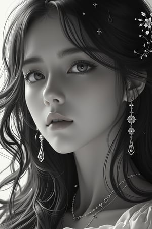 (1girl, solo, long hair, looking at viewer, closed mouth, monochrome, greyscale, earrings, lips, eyelashes, portrait), detailed textures, high quality, high resolution, high Accuracy, realism, color correction, Proper lighting settings, harmonious composition, Behance works,DonMD1g174l4sc3nc10nXL,photo r3al