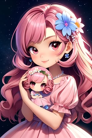 3 little flower girls, cute big eye, long curly hair, wearing a flowergirl dress, bright pink dress, flower bands in their hair, hair,light,chibi