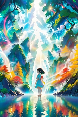 Silhouette of a girl in a scenery of a magical world, fantastic scenery of another world, close-up, double exposure, white background, vibrant colors, Studio Ghibli, StdGBRedmAF, lineart