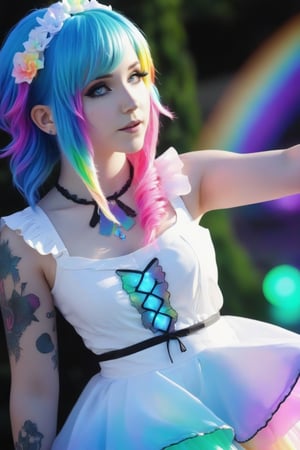 just something random,Rainbow haired girl ,bioluminescent dress,pastel goth