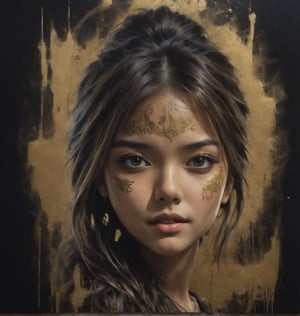 masterpiece, high quality photo, cool tone, (black simple background), colorful cute-girl carved on gold, (wide shot), , drtailed face,INK,ink,DonMB14ckB377yXL, golden and black spirit,golden patterns