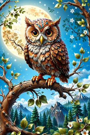 create an owl sitting on a branch of a tree