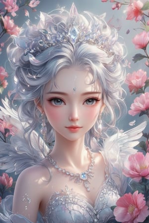 Masterpiece, Professional, Top Quality, High Resolution, High Detail, Perfect Detail,1 cute angel, super cute and beautiful, radiant, all white angel outfit, silver long hair, dancing hair tips, angel wings, angel crown, crystal headwear, crystal necklace, earrings, 8k wallpaper, (masterpiece), (best quality), (ultra fine), dynamic angle, cute anime face and details, (loli, flowers), sparkling, representative (worldwide), super long hair, aperture, oil painting style, touch,