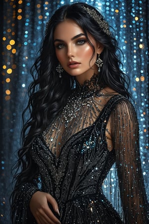 ((extremely perfect detailed:1.9)), Masterpiece, HD, 16K, a gothic beauty, busty, realistic waist.  bohemian, delicate image, line drawing, hyper-detailing, aesthetic,  a woman with long black hair and luxury evening dress gown,  sequins adorn the gown to meticulously arranged to catch and reflect light, ultra detailed sequins, (sequins background), a vibrant, gems, The sparkling embellishments catch and reflect light, multicolor dust, Sparkling shining crystals raindrops beaded curtain,   (stunningly soft light evenly illuminating the entire face and body), ((all composition perfect sized inside the image:1.9)((looking_at_camera)).well lit foreground