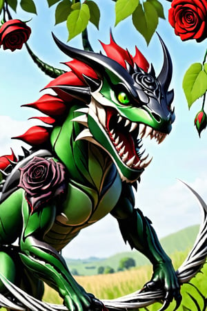 vines of thorns and red and black roses imprison a creature with blazing green eyes, snarling, sharp teeth showing,BugCraft