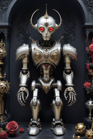 A gothic robot creation, surrounded by ornate, otherworldly objects,Gothic,more detail XL