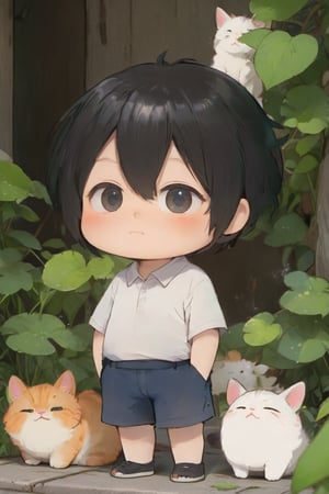 little boy standing next to cute fat cat,black hair,long hair, summer day, symmetry face, niji style, ghibli style,XP,cat,chibi