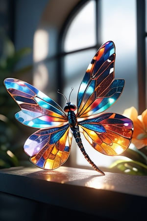 A dragonfly, with intricate and vibrant patterns on its body, is showcased against the backdrop in the centre of the clear window, and the sunlight streaming through illuminates the dragonfly, casting a radiant and enchanting glow throughout the scene.,glass shiny style