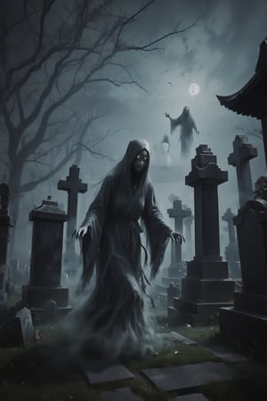 ((ghostly figures lurking in a cemetery)),Chinese Horror Scene,ghost person, 