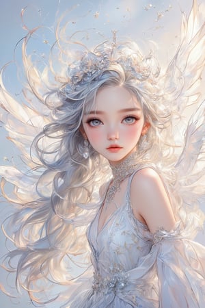 Masterpiece, Professional, Top Quality, High Resolution, High Detail, Perfect Detail,1 cute angel, super cute and beautiful, radiant, all white angel outfit, silver long hair, dancing hair tips, angel wings, angel crown, crystal headwear, crystal necklace, earrings, 8k wallpaper, (masterpiece), (best quality), (ultra fine), dynamic angle, cute anime face and details, (loli, flowers), sparkling, representative (worldwide), super long hair, aperture, oil painting style, touch,