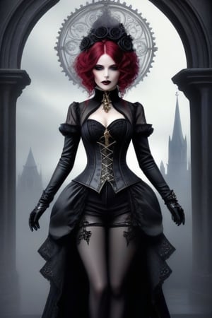 In this portrait, the stunning figure of a woman stands as a perfect blend of Gothic and steampunk aesthetics. She is dressed in a long, black lace strapless dress that hugs her form, flowing down in intricate patterns and trailing gracefully behind her. The dress is detailed with subtle steampunk elements like small, bronze gears and clockwork motifs interwoven with the lace, adding a unique twist to her Gothic elegance.

Her skin is porcelain pale, contrasting sharply with her dark attire. Her eyes are accentuated with smoky, dramatic makeup, and her lips are painted a deep, alluring crimson. Her hair, perhaps jet black or a dark, rich shade, is styled in a way that nods to both Gothic romance and Victorian steampunk—perhaps in elaborate curls or adorned with tiny metallic accessories.

The background is an otherworldly scene, perfectly fitting the early Gothic era aesthetics. Ancient, towering cathedrals with intricate stone carvings and pointed arches loom behind her. The sky is a dramatic swirl of stormy grays and purples, casting an eerie yet beautiful light over the scene. Flickering gas lamps line cobblestone streets, and there are hints of steam-powered machinery—like a distant airship or a mechanical clock tower—integrated seamlessly into the Gothic architecture.
The overall effect is one of utter perfection, combining the dark romance and intricate detail of Gothic style with the inventive and mechanical charm of steampunk. The portrait captures a moment that is both timeless and fantastical, evoking a sense of mystery, beauty, and power.,goth person,DonMF43XL