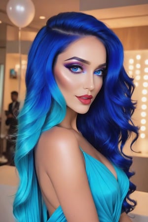 a stunning lady at party, her long vibrant blue hair draped over one shoulder, her stunning makeup enhances her beauty, she is pure elegance and grace, gl4sst3r,long hair