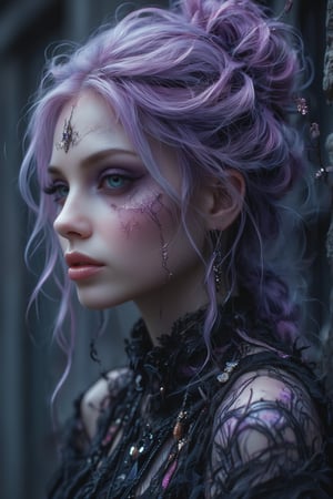 extreme close up, 2 girls,  boho/goth girl, with  smokey goth makeup ,lilac hair in a bun, tendrils hang down , long single strap black dress, black sandals, jewels,