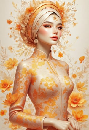 An exquisitely detailed illustration of a woman crafted entirely from delicate porcelain, standing in perfect balanced symmetry. Her form is adorned in intricate orange and yellow patterns, resembling the fine details of filigree, with her facial features meticulously sculpted, evoking hyperrealism and refined beauty. The scene is set in a comic book and grunge style fusion, capturing both elegance and intensity. The artwork showcases super HD quality, emphasizing the sharpness of every porcelain crack, shadow, and highlight. Rendered in the style of Hayv Kahraman, the composition embraces a fusion of realism and stylized grace, with a touch of mystery and sophistication