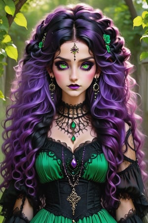 A mix of  gypsy and gothic, her hair is black, , her eyes are a vivid green her dress is lilac