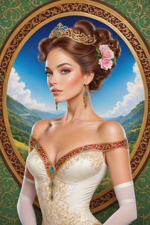 Create a beautiful image of a stunning lady with an ornate and lovely background behind her.,DonMM4g1cXL 