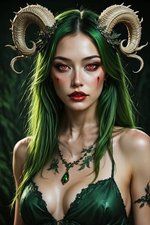 a stunning vision of beauty, succubus , long green hair,  red eyes,  jewels, 