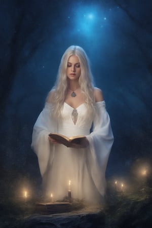 A beautiful witch wearing white robe, reading a grimoire in a starry night, in an enchanting forest, surrounded by mystical atmosphere and magical ambiance, glitters, glowing particles, misty. (masterpiece, top quality, best quality, official art, beautiful and aesthetic:1.2), (1girl:1.4), upper body, blonde hair, portrait, extreme detailed, fantasy art, intricate arcane wiccan designs, ,yennefer ,garter straps