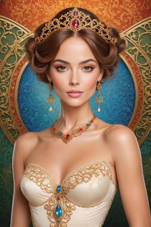 Create a beautiful image of a stunning lady with an ornate and lovely background behind her.,DonMM4g1cXL 