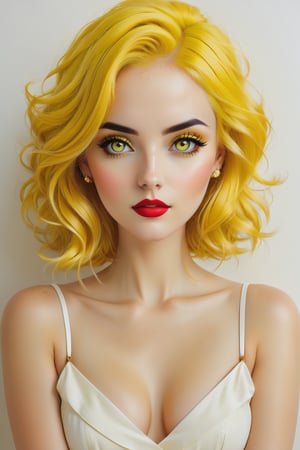 please create me a stunning lady, bright yellow hair, standing_up, arms crossed in front, stunning, amazing eyes, kayv kahraman style