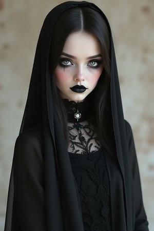 Depict a gothic female in minimalist fashion. She should wear traditional gothic clothing with classic makeup that enhances her beauty. Ensure the background is understated, allowing her to be the focal point of the artwork, radiating elegance and mystery.