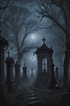 a haunted cemetry, its late at night, mist is all around, dark shadows, crows sit in the dark trees, ghosts  are everywhere