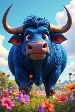 cartoon style , A  blue giant yet gentle bull of majestic size and big horns stands amongst the flowers in the paddock