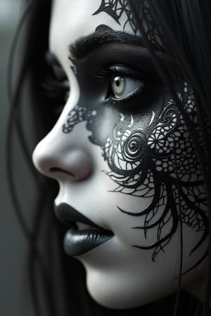 (Black and white, intricate details, close-up of a woman's face with an intricate design, 3DCGI anime fantasy artwork, necro, detailed patterned skin, abstract fragments, impressive eyes, mixed media, 3D rendering Silver painting, symmetrical beauty, ambient occlusion rendering, psytrance), Detailed Textures, high quality, high resolution, high Accuracy, realism, color correction, Proper lighting settings, harmonious composition, Behance works,ct-niji2,xxmix_girl,goth person