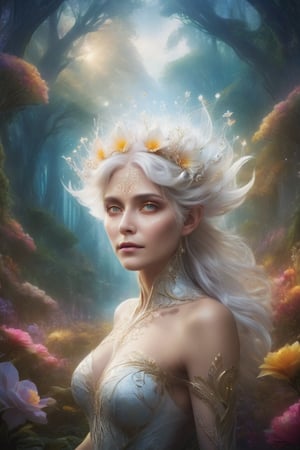 The fairy queen of the forest, with her silver-white hair and golden eyes, reigns amidst ornate, fantastical landscapes blooming with flowers.

,futuristic,Flora