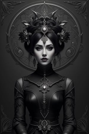 black and white, A  beauty in a Gothic boho outfit, orante surroundings, errie background, dark fantasy, dark, ornate background, hayv kahraman style art