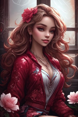 Beautiful soft light, (beautiful and delicate eyes), very detailed, pale skin, big smile, (long hair), dreamy, medium chest, female 1, ((front shot)), bangs, soft expression, height 170, elegance, bright Smile, 8k art photo, photorealistic concept art, realistic, person, small necklace, small earrings, fantasy, jewelry, shyness, dreamy soft image, masterpiece, ultra-high resolution, skirt, shirt, jacket, color, (the wind blows softly) ), (looking slightly raised and immersed in happy thoughts), girl sitting on the window sill with her chin supported by both hands, looking at the flower field outside the window, colorful, glitter, color art,BugCraft,color chaos,YAMATO,Photo realistic ,DonM0m3g4