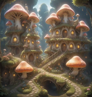 From a low aerial view, a quaint fantasy mushroom village nestles in the heart of a magical forest, surrounded by blooming flower gardens and lush vegetable patches, all contributing to the village's vibrant and joyful ambiance.