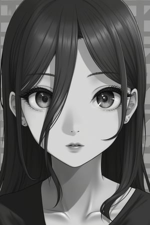 (1girl, solo, long hair, looking at viewer, closed mouth, monochrome, greyscale, earrings, lips, eyelashes, portrait), detailed textures, high quality, high resolution, high Accuracy, realism, color correction, Proper lighting settings, harmonious composition, Behance works,DonMD1g174l4sc3nc10nXL,photo r3al