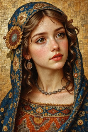 Byzantine Mosaics of a girl. (masterpiece, top quality, best quality, official art, beautiful and aesthetic:1.2), (1girl:1.4), portrait, extreme detailed, highest detailed, simple background, 16k, high resolution, perfect dynamic composition, bokeh, (sharp focus:1.2), super wide angle, high angle, high color contrast, medium shot, depth of field, blurry background,,itacstl