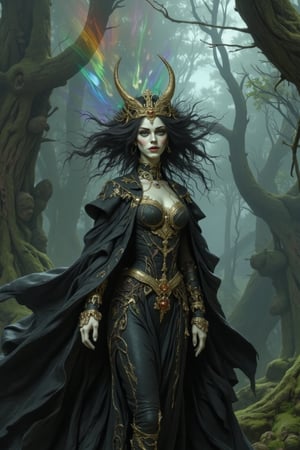 Create an image of a gothic female figure standing in a misty forest. She wears beautifully detailed traditional gothic clothing and has striking makeup. Surrealism style adds a whimsical touch, with upside-down trees and colorful shadows dancing around her.