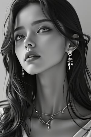 (1girl, solo, long hair, looking at viewer, closed mouth, monochrome, greyscale, earrings, lips, eyelashes, portrait), detailed textures, high quality, high resolution, high Accuracy, realism, color correction, Proper lighting settings, harmonious composition, Behance works,DonMD1g174l4sc3nc10nXL,photo r3al