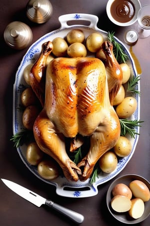 create a beautiful looking roast chicken on a platter, its skin nice and cripsy, steam is still coming off the chicke, around the chicken is roast potatoes, there is a carving knife and fork to the side, there is also gravy