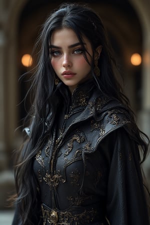 A hauntingly beautiful young woman stands facing the camera in a dramatic composition, her raven-black hair cascading down her back like a waterfall of night. Soft lighting highlights her facial features. Her Gothic-inspired tunic appears to shimmer with otherworldly energy, as if infused with dark magic. 