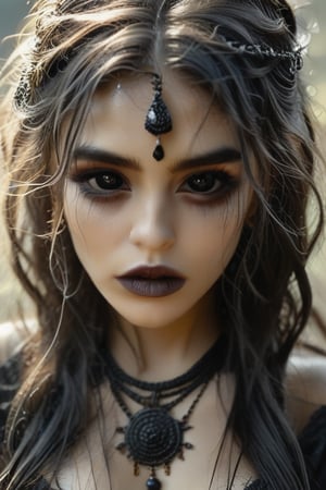 create a beautiful women with a  dark soul, dark boho, black sclera eyes, hkmagic, DonMV31l0fD4rkn355XL, drkbh