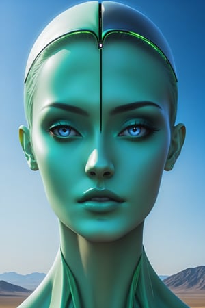 create a 2faced hybrid, onme face is human and one is alien, they are one but not connected, looking at the veiwer, 