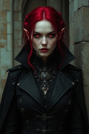  captivating portrait of a gothic vampire queen with sharp, angular features and flowing red hair. She wears a high-collared black coat adorned with intricate dark details and a large, ornate gemstone necklace. Her piercing red eyes glow with an otherworldly intensity, and her pale, porcelain skin contrasts sharply against the deep shadows of her surroundings. Her pointed ears add a mystical, elven-like touch. The background features tall, gothic arches, adding to the atmosphere of dark elegance and authority. The entire scene exudes mystery, power, and a supernatural allure