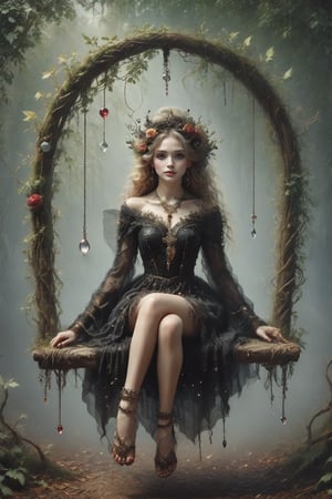 create an image of a female of gothic/fairy ancestory, wearing traditional clothng, jewelery and make, perfect, sitting on on a swing that is attached by chain to a branch of  tree