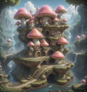 From a low aerial view, a fantasy mushroom kingdom nestles in the heart of a magical forest, surrounded by blooming flower gardens, cliffs with stunning waterfalls, all contributing to the village's vibrant and joyful ambiance.