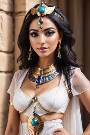 Create an Egyptian goddess,, dressed in traditional women's clothing, adorned with the finest Egyptian jewels, and wearing traditional Egyptian makeup. ,FauxEgyptian