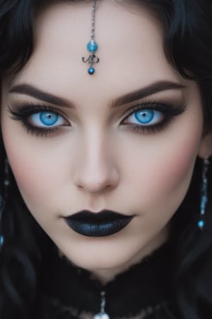extreme close up of a women, she has bright blue eyes, she has black wavy shoulder length hair, she has light gothic make up, she has earrings and a nose ring, she is perfect and beautiful, she has a cheeky smirk,goth girl