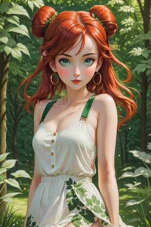 she is walking through a park that is surrounded by trees and gardens, she has a white singlet strap summer dress on, her red hair is in a bun on top of her head, her emerald green eyes sparkle in the sunshine, she has summer sandals on, sh 
 is beautiful, she is looking up, slight smile on her lips,   high defintion, highly detailed, serene, hayv kahraman style art