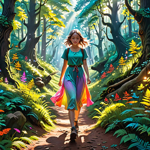 create an illustrative picture of a girl walking through a beautiful forest, its bright, colourful, full of mystical life,zhibi